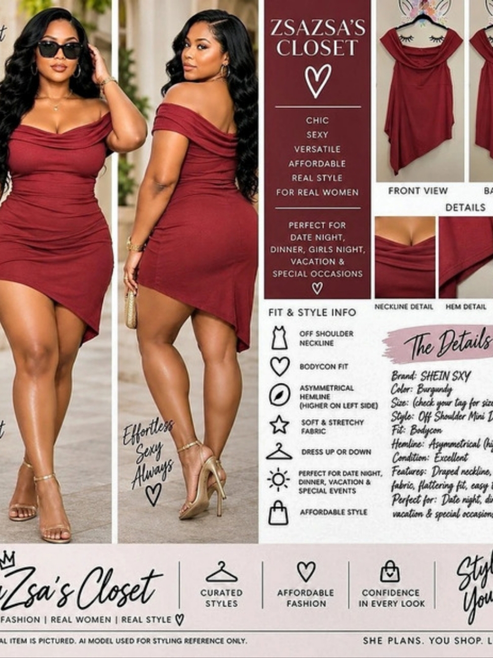 SHEIN SXY Off Shoulder Asymmetrical Hem Bodycon Dress Burgundy Small